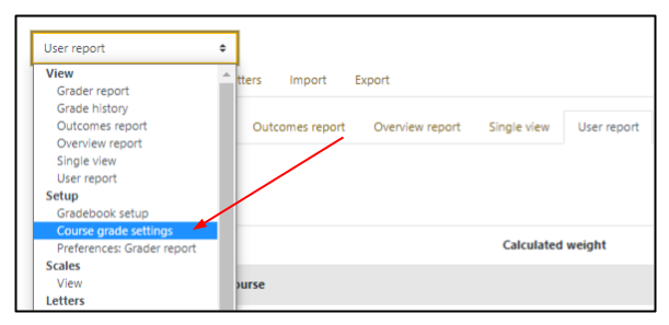 Screen capture of Moodle gradebook drop-down menu with Course grade settings selected and highlighted