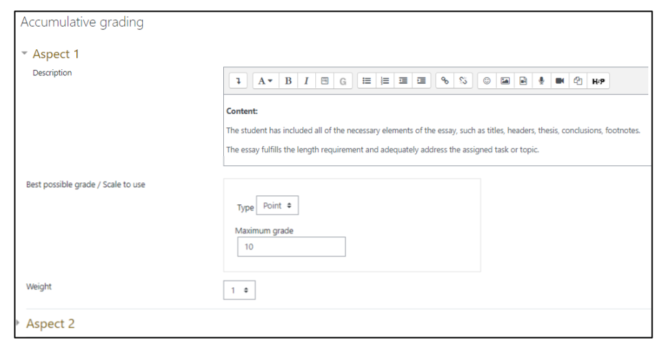 Screen capture of Moodle Workshop accumulative grading setup