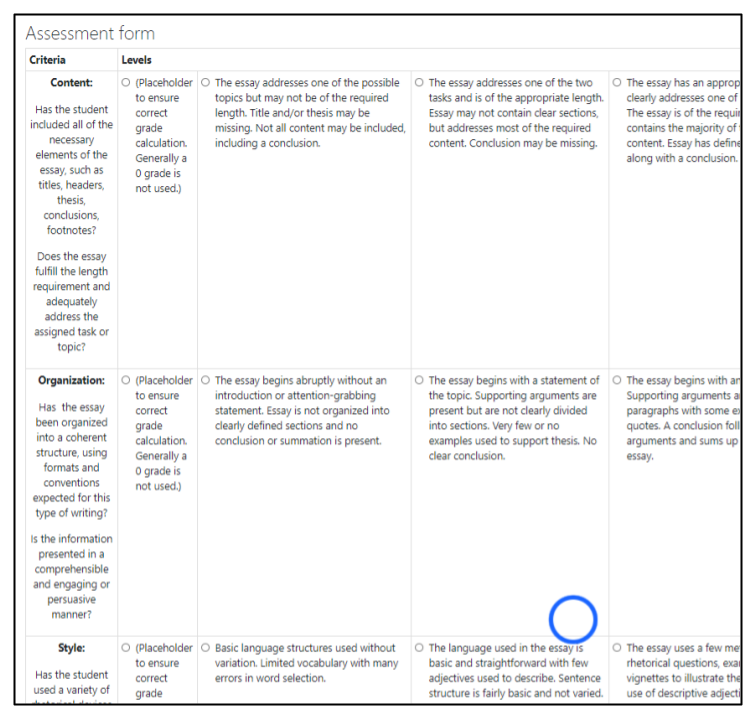 Screen capture of Moodle Workshop rubric in grid format