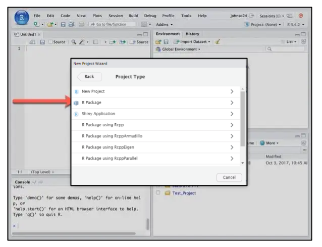Screen capture of RStudio New project wizard Project Type dialogue with New Project.option