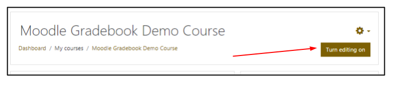 Screen capture of Moodle course with turn editing on button highlighted