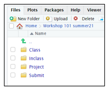 Screen capture of R folder browser listing the typical course subfolders