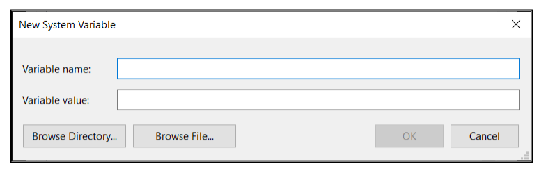 Screen capture of Windows add new System Variable window