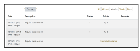 Screen capture of Moodle Attendance activity Student marking page