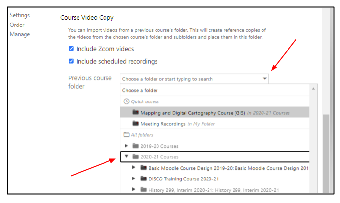 Screen capture of Panopto settings overview showing Course video copy course folder chooser.