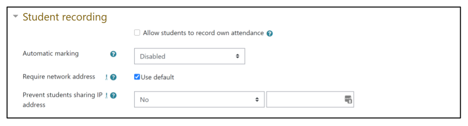 Screen capture of Moodle Attendance activity Add session tab, Student recording section