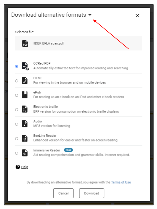 Screen capture of Download alternative formats window in Moodle with arrow highlighting the drop-down menu arrow after the word formats