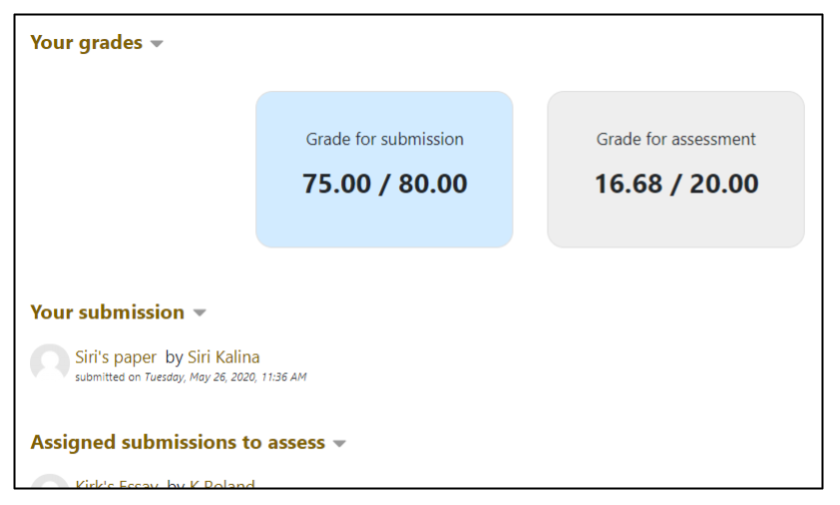 Screen capture of Moodle Workshop closed phase student view of grades