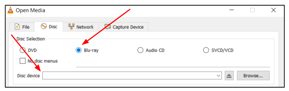 Screen capture of VLC Open Media window with Blu-ray button highlighted