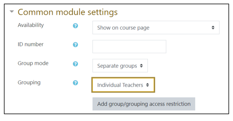 Screen capture of Moodle Forum settings page showing Common module settings with Group mode set to Separate groups and Grouping set to Individual Teachers grouping