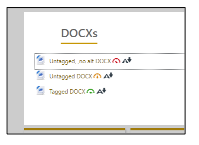 Screen capture of Moodle site showing Ally icons - red, orange, or green meters and capital A icon with down arrow