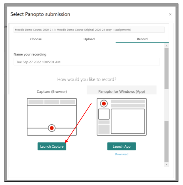 Screen capture of Moodle Panopto record interface showing options to open browser capture program or desktop app