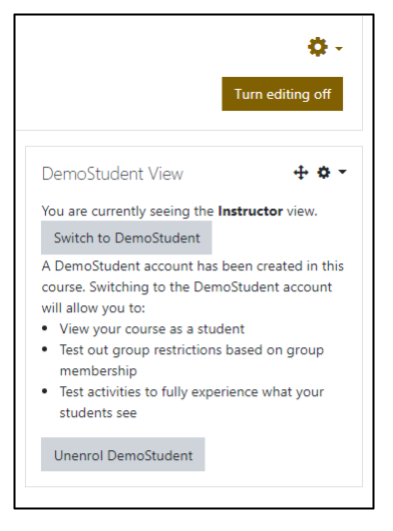Screen capture of Moodle DemoStudent View block showing Switch to DemoStudent and Unenrol DemoStudent buttons.