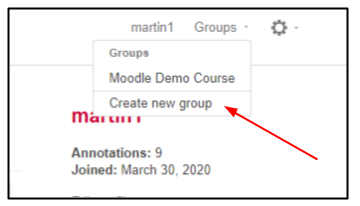 Screen capture of Hypothesis web page showing Groups drop-down menu