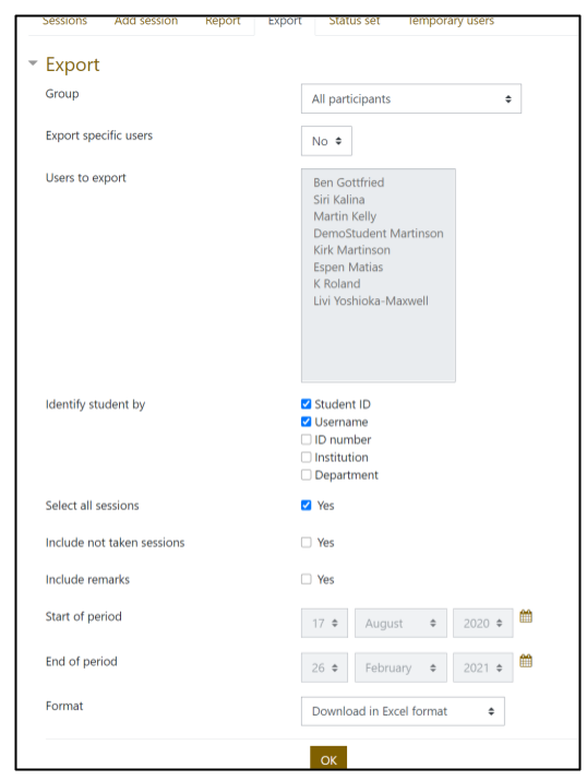 Screen capture or Moodle Attendance Status Export tab