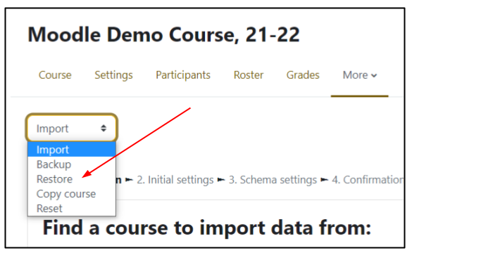 Screen capture of Moodle course reuse page with drop-down menu shown with reuse highlighted