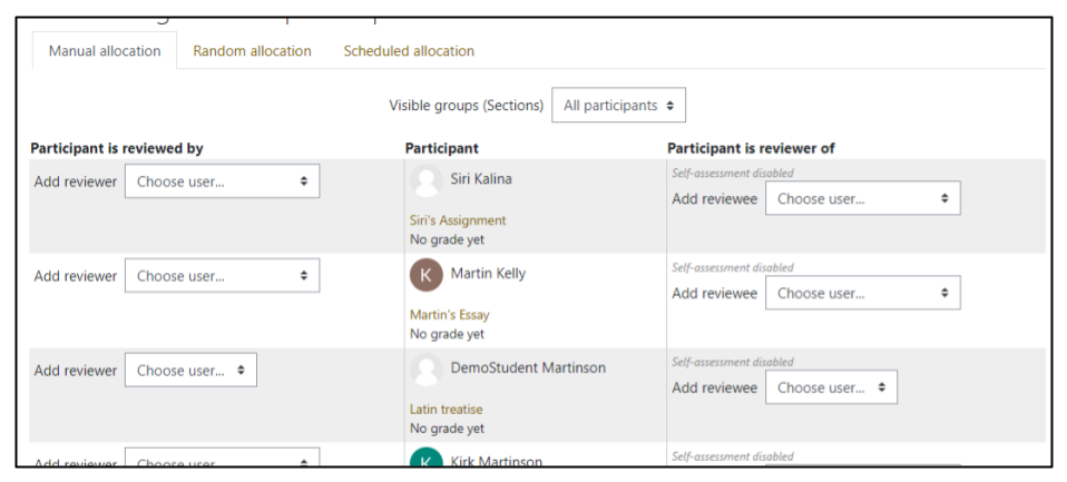 Screen capture of Moodle Workshop manual allocation with drop-down menus