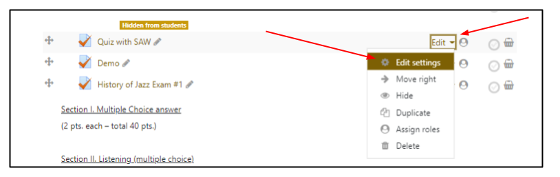 Screen capture of Moodle site with Edit menu of quiz activity expanded and Edit settings item highlighted