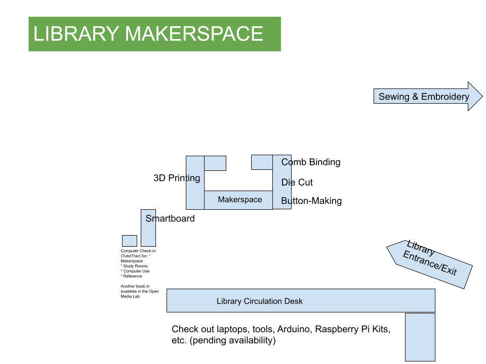 Map of Makerspace equipment in the Library. 