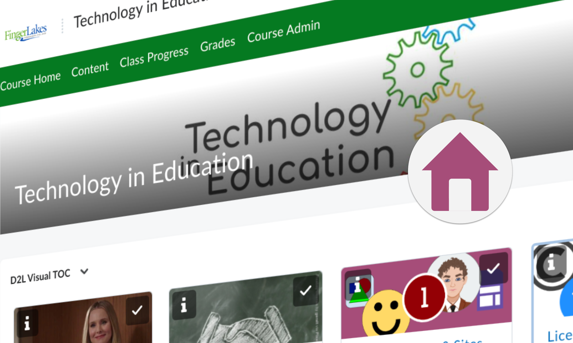 A skewed image of a course page in Brightspace. The top navigation bar is prominently displayed.