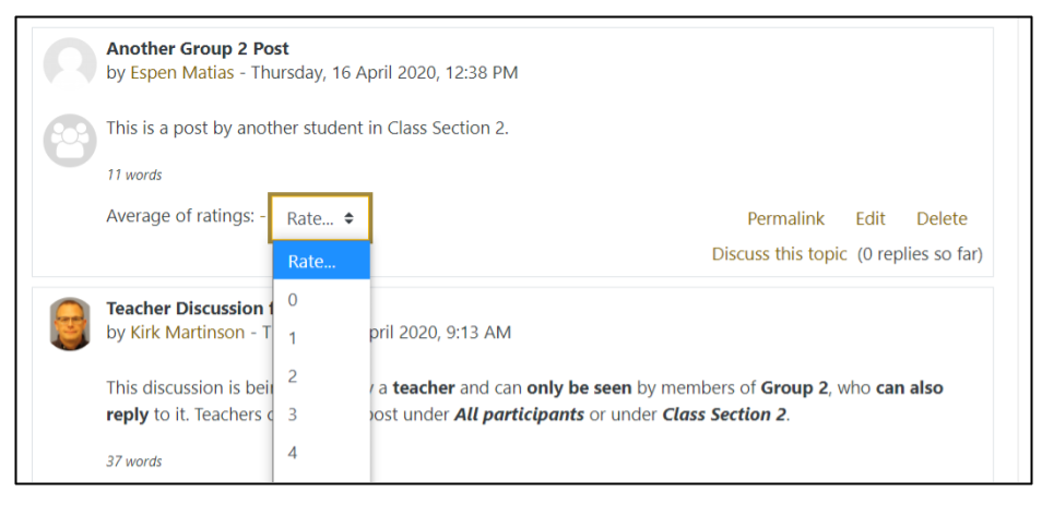 Screen image of Moodle forum with ratings drop-down menu expanded to show possible points to be awarded