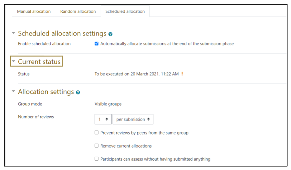 Screen capture of Moodle Workshop Scheduled allocation settings