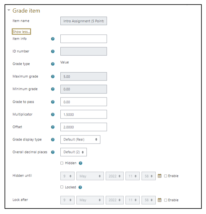 Screen capture of Moodle activity grade item settings page, with grade item section expanded