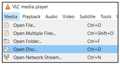 Screen capture of VLC player menu with Open Disc highlighted