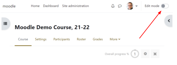 Screen capture of Moodle course page with edit mode slider button highlighted