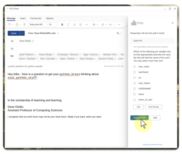 Screenshot of a poll being created in Microsoft Outlook 365 for Web.
