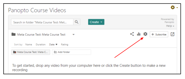 Screen capture of Panopto folder in Moodle with settings gear icon highlighted