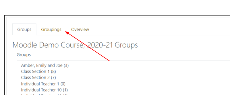 Screen image of Groups page in Moodle with arrow pointing to tab with the name Groupings