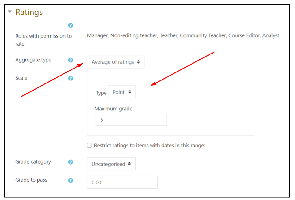 Screen image of Moodle forum ratings settings with Aggregate type and Grade type highlighted with arrows