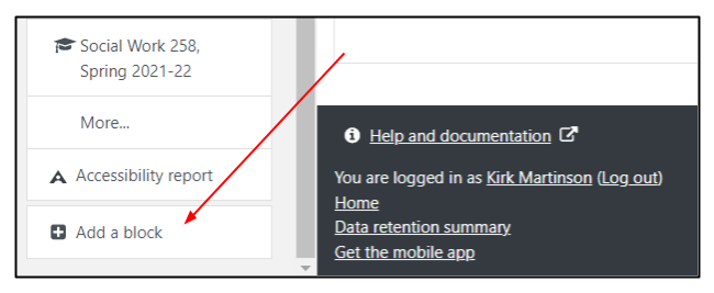 Screen capture of Moodle left side menu with arrow pointing to Add a block at the bottom