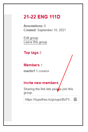 Screen capture of hypothesis dashboard showing group information.