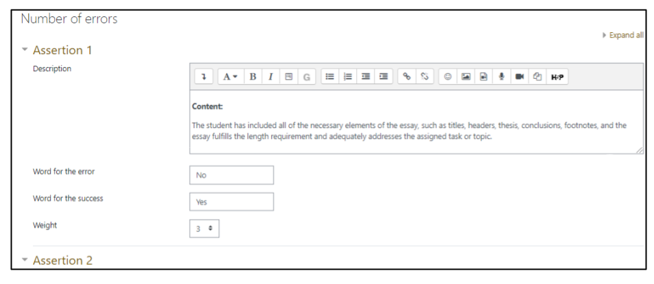 Screen capture of Moodle Workshop Number of Errors setup