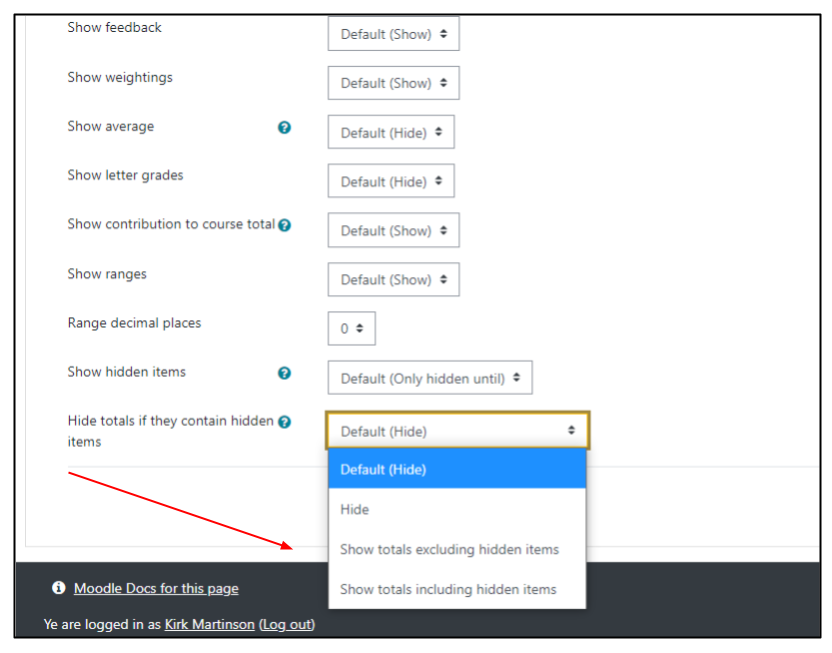 Screen capture of Moodle gradebook Course grade settings page with arrow highlighting drop-down menu showing hidden totals options