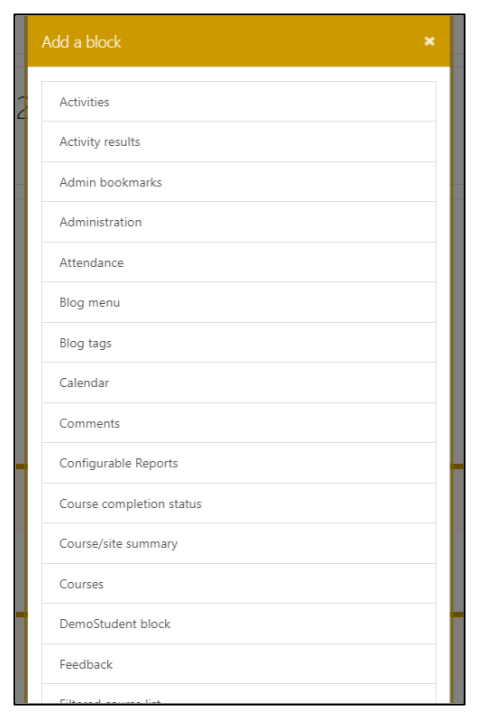 Screen capture of Moodle Add a block pop-up window.