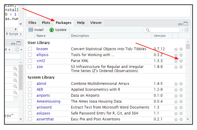 Screen capture of R Studio showing Browser window with Packages tab active and highlighted and arrow pointing to X to the right of package xml2