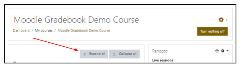 Screen capture of Moodle tiles course in editing mode with expand all button highlighted