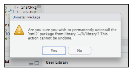 Screen capture of R Studio package removal confirmation dialog windwo