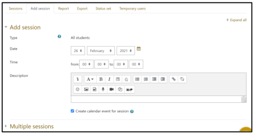 Screen capture of Moodle Attendance activity Add session tab