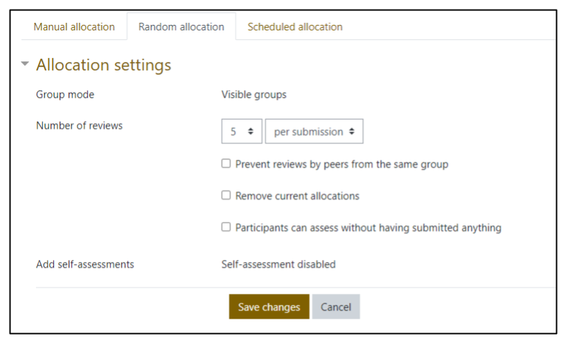 Screen capture of Moodle Workshop Random allocation setup