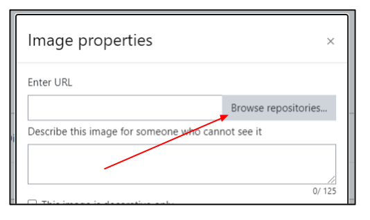 Screen capture of Moodle text editor add image dialog with arrow pointing to Browse repositories 