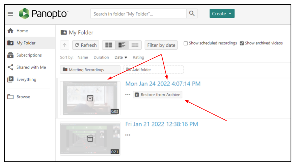 Screen capture of Panopto folder with arrows pointing to grayed-out video thumbnail and video title as well as Restore from archive button