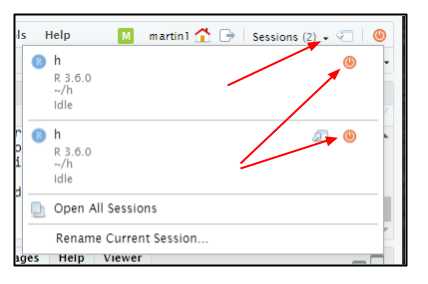 Screen capture of R server window with arrow pointing to the drop-down menu next to the word Sessions and arrows pointing at power button icons to close individual sessions