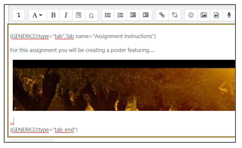 Moodle editor image with tab code from Generico button surrounding text and image conten