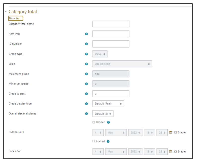 Screen capture of Moodle category settings showing category total options