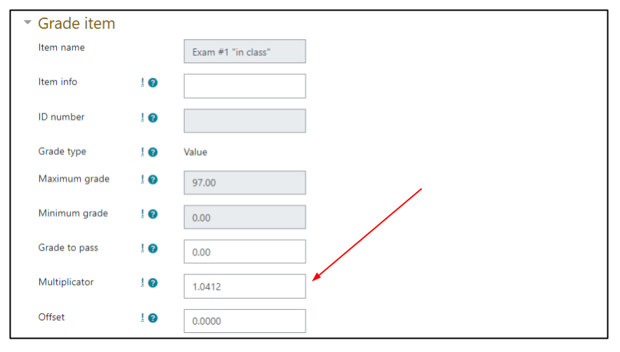 Screen capture of Moodle gradebook Edit grade item page with arrow highlighting the Multiplicator field in the Grade item section.