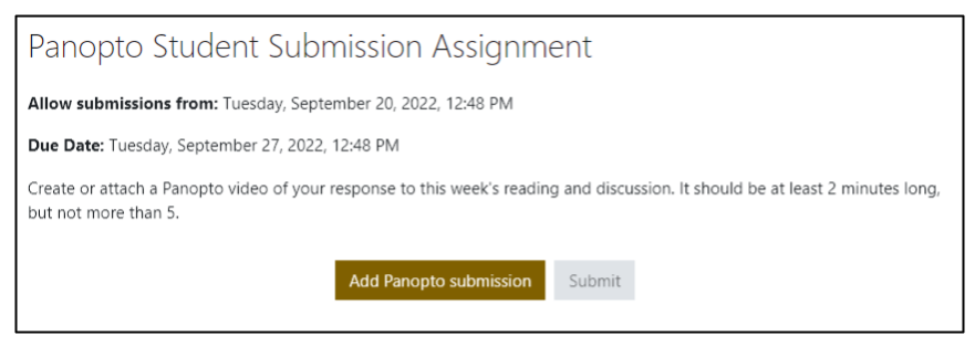 Screen capture of Moodle Panopto Submission activity student view with Submit button